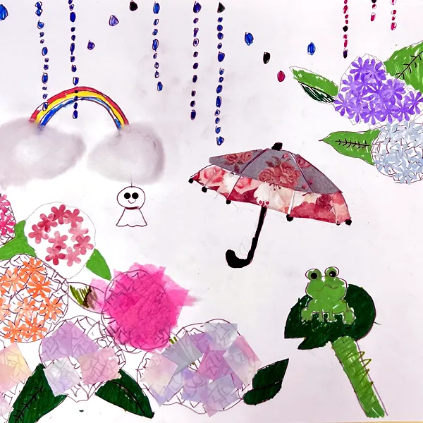 生徒の作品:雨と傘のコラージュ
